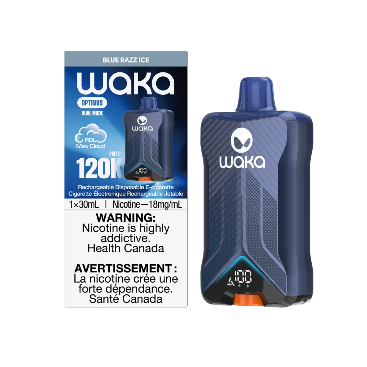 WAKA Optimus 120K Blue Razz Ice packaging and device