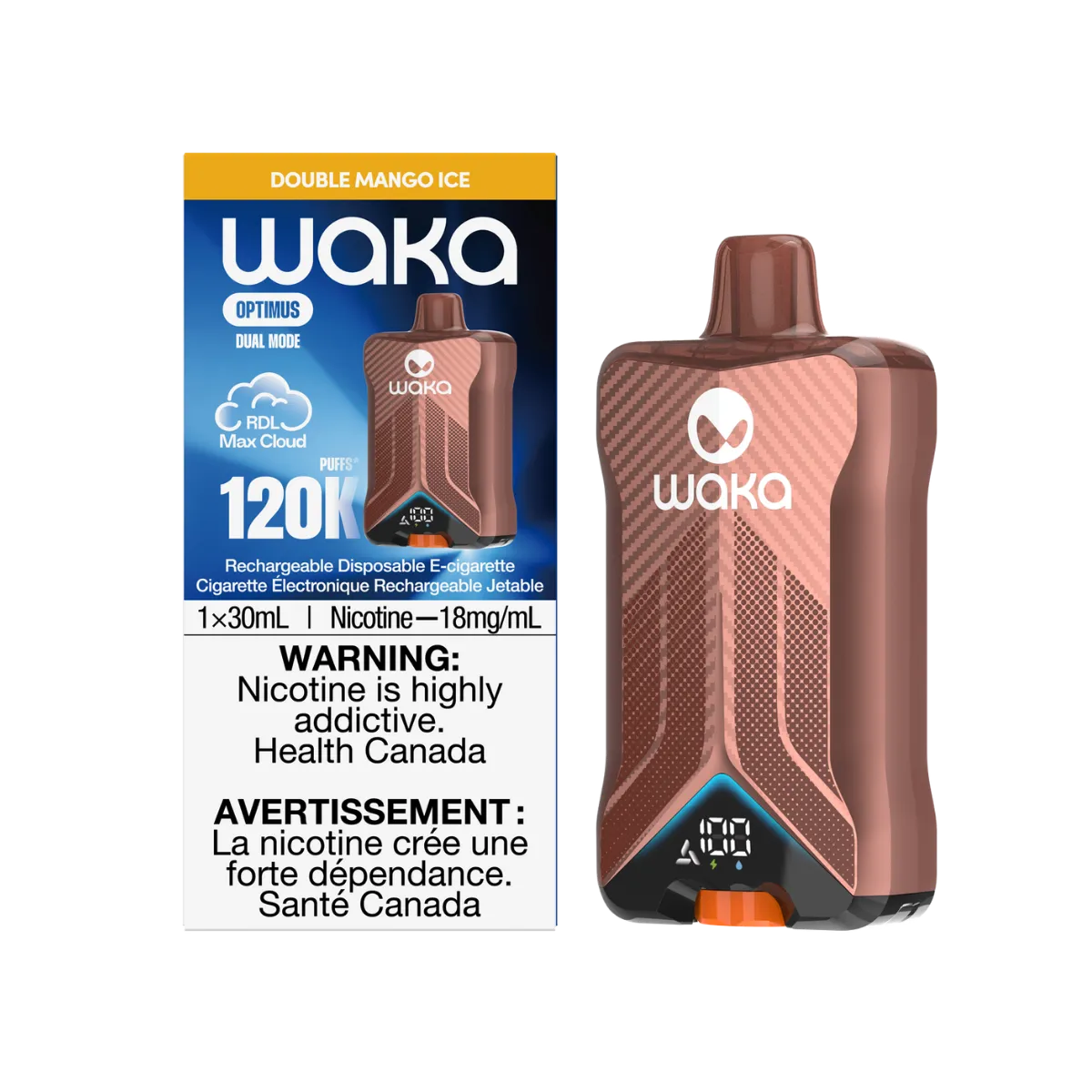 WAKA Optimus 120K Double Mango Ice packaging and device