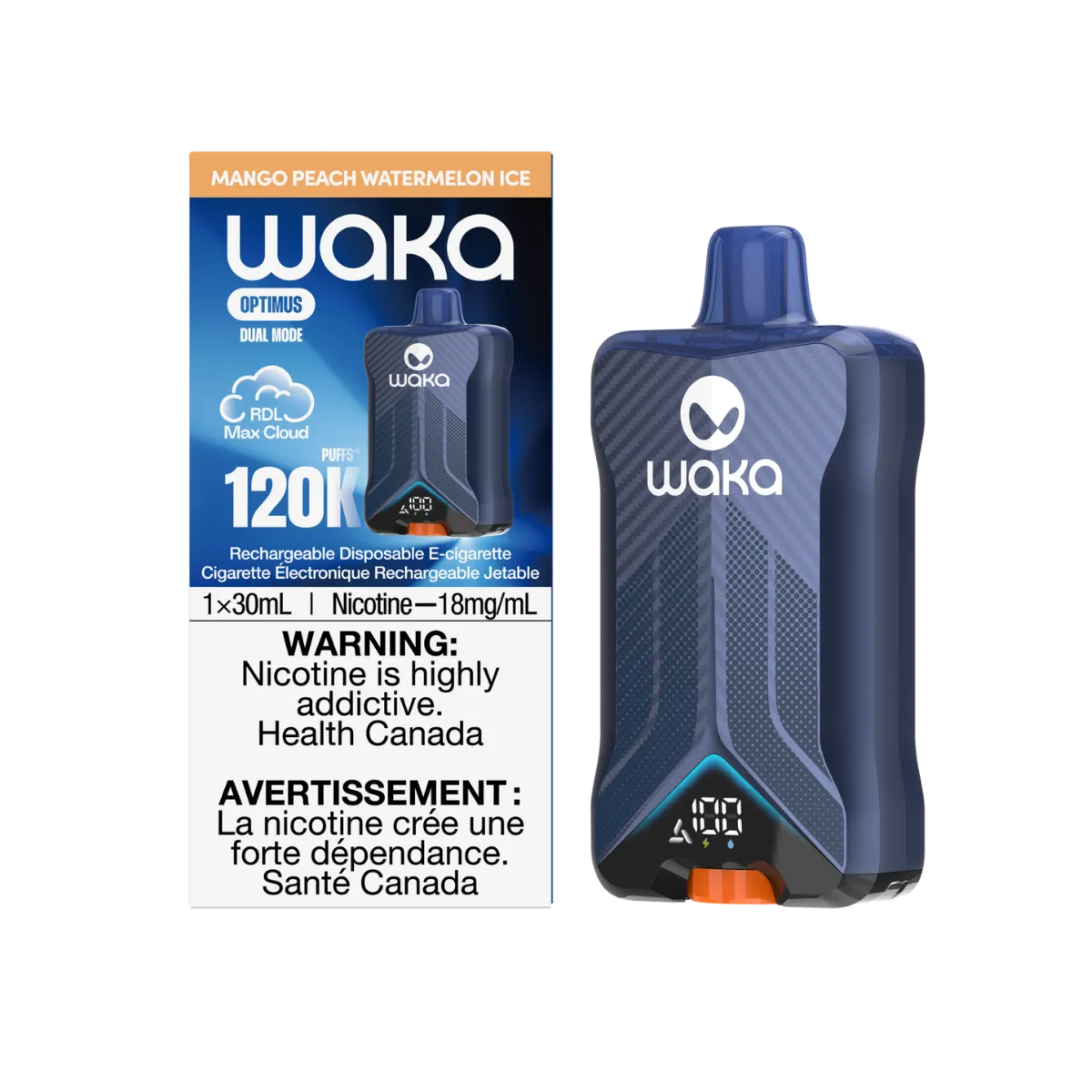 WAKA Optimus 120K Mango Peach Watermelon Ice packaging and device