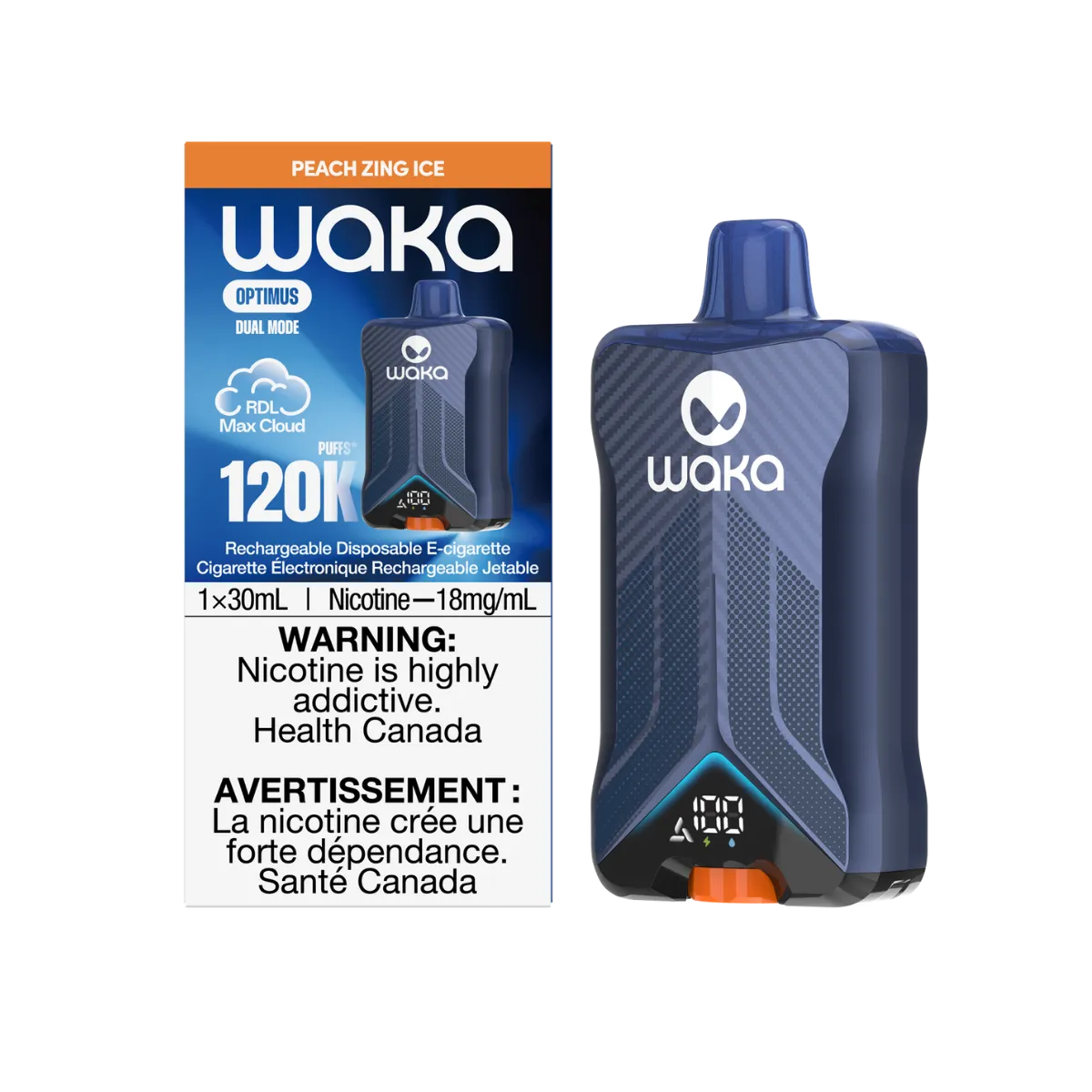 WAKA Optimus 120K Peach Zing Ice packaging and device