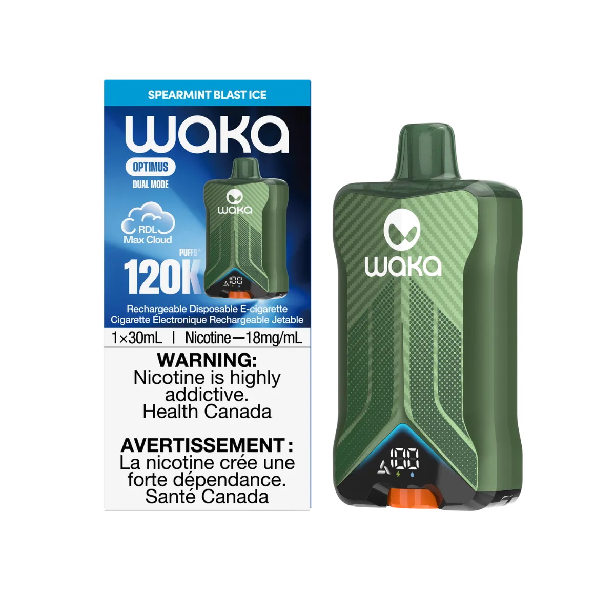 WAKA Optimus 120K Spearmint Blast Ice packaging and device