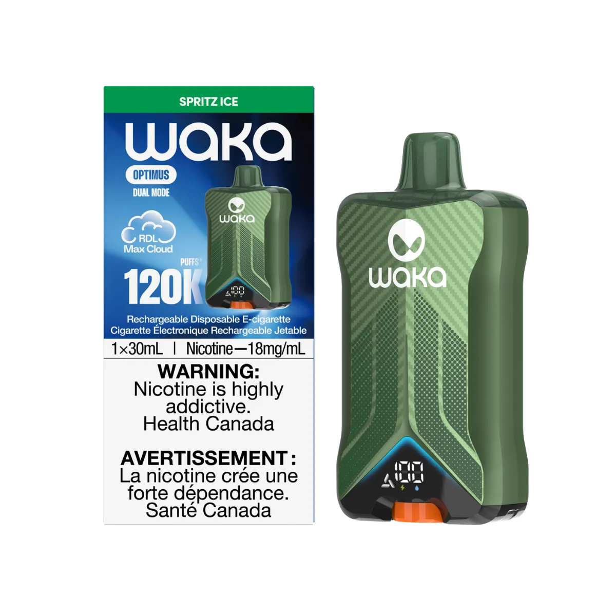 WAKA Optimus 120K Spritz Ice packaging and device