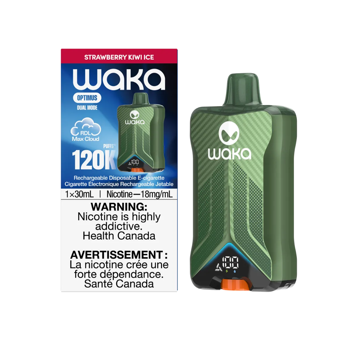WAKA Optimus 120K Strawberry Kiwi Ice packaging and device