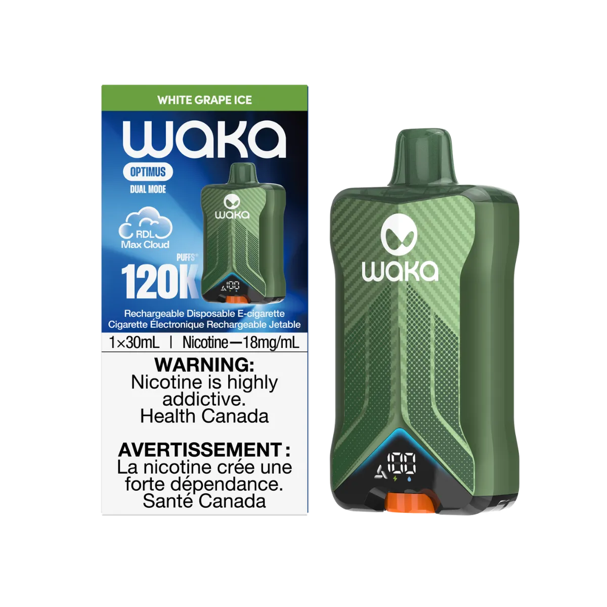 WAKA Optimus 120K White Grape Ice packaging and device